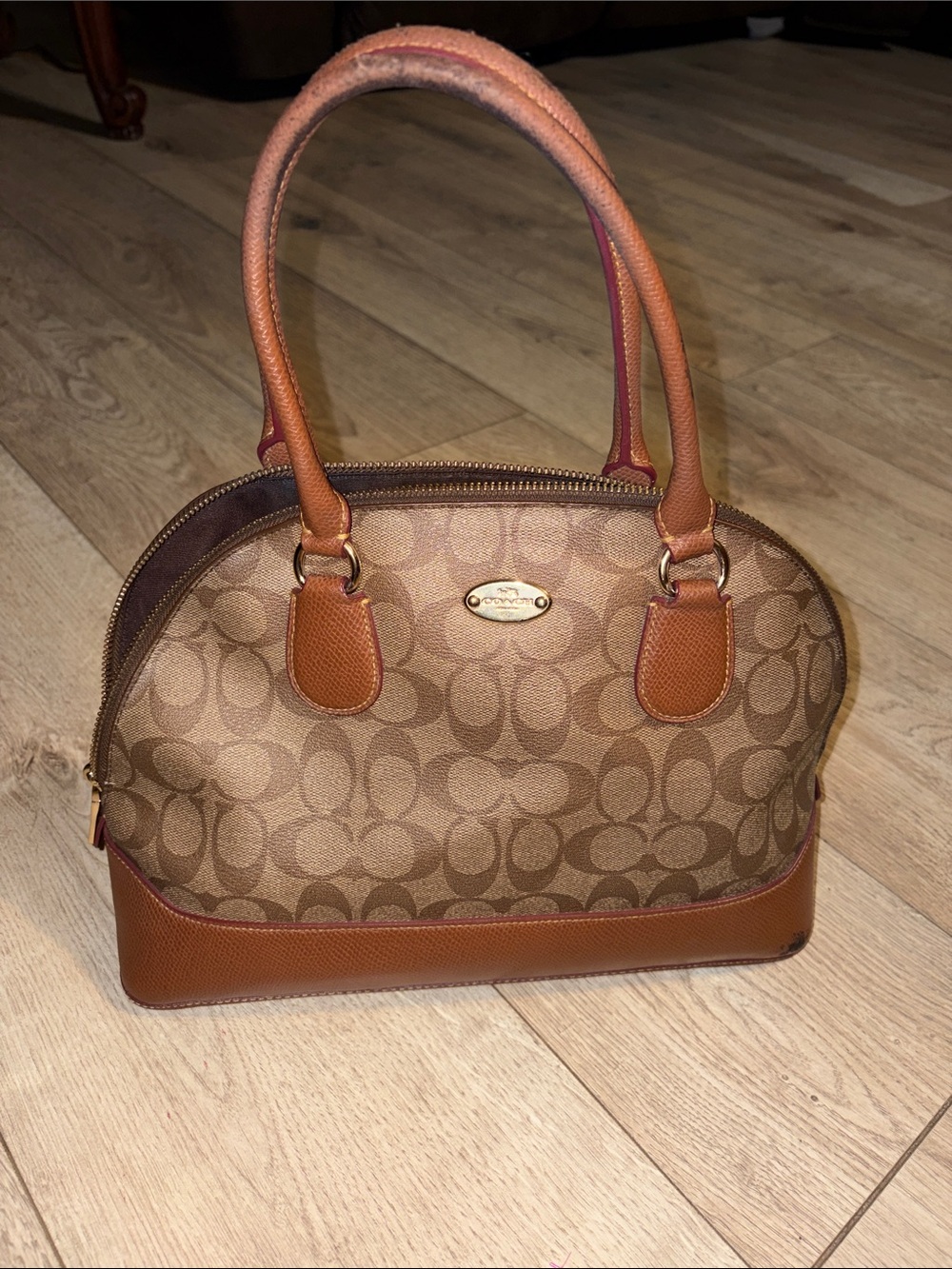 Coach Brown/Tan Signature Dome Satchel with Gold Plaque